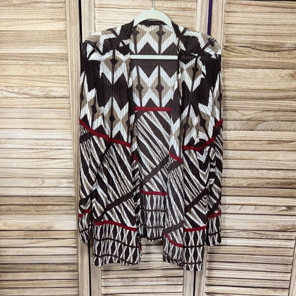 Geometric Patterned Women's Cardigan - Black, White, Red Size 2x